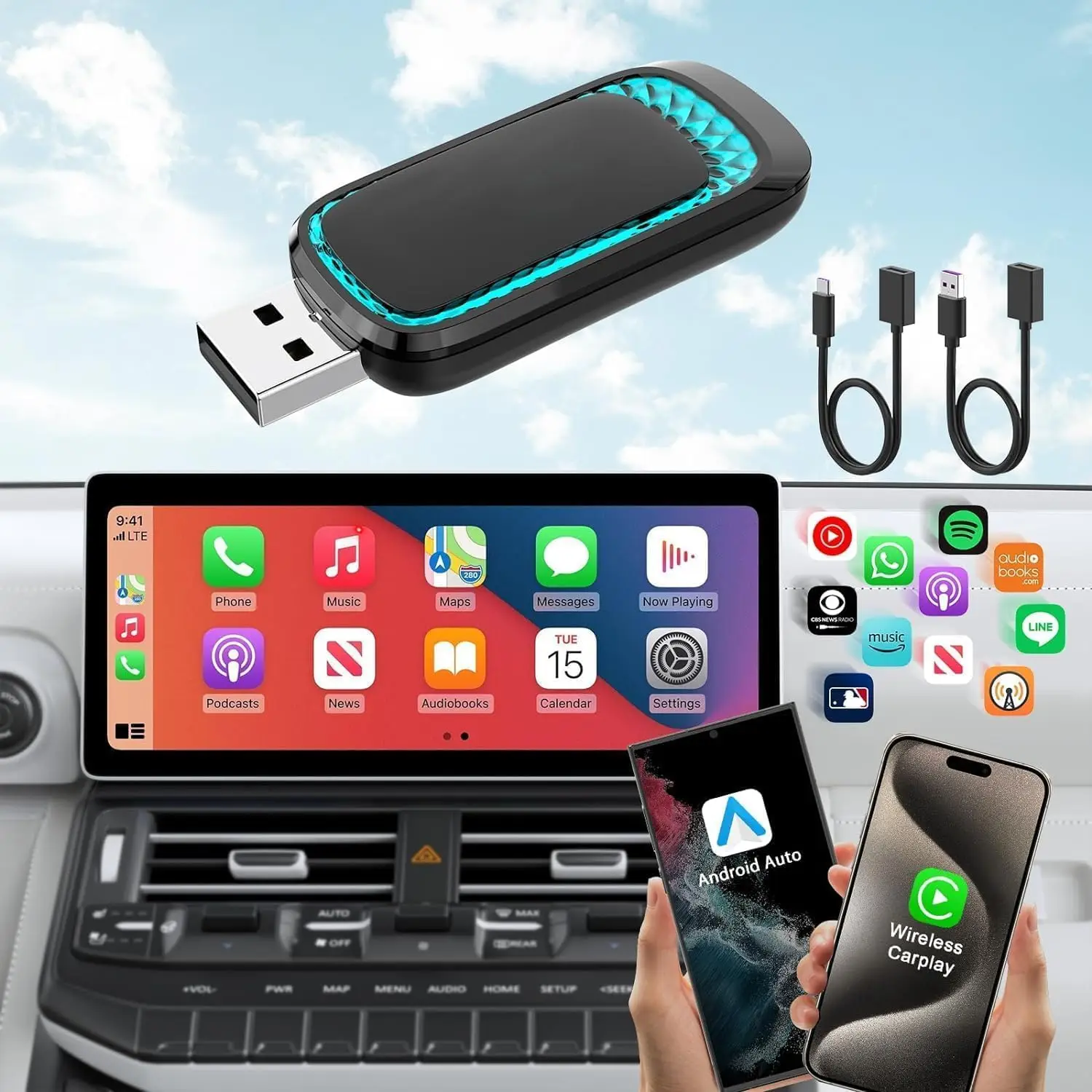 CarPlay Wireless Adapter for iPhone,2024 Upgrade 2 in 1 and Android Auto-Connect, Thermal Vent Design,Dongle for Factory Wired