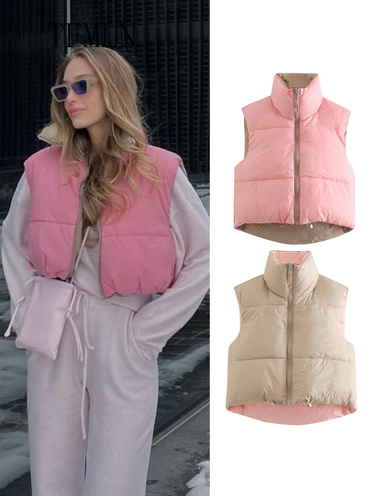 

2025 Winter Warm Reversible Vest For Women Fashion Stand Collar Sleeveless Cropped Coats Elegant Lightweight Padded Ladies Vest