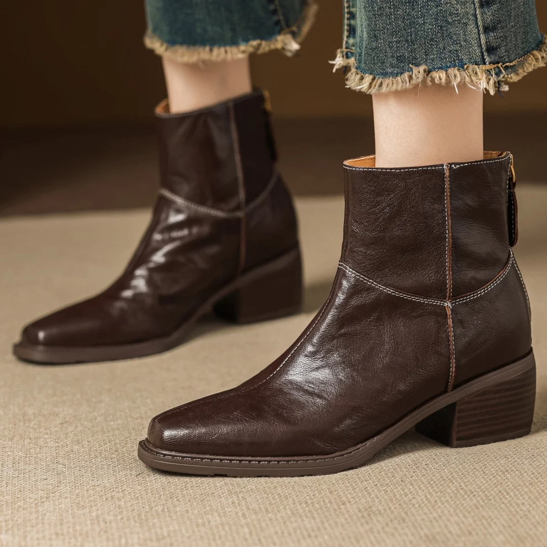 

Women's sheepskin square toe back zip autumn ankle boots 5.5cm thick med heel causal female high quality soft comfort short boot