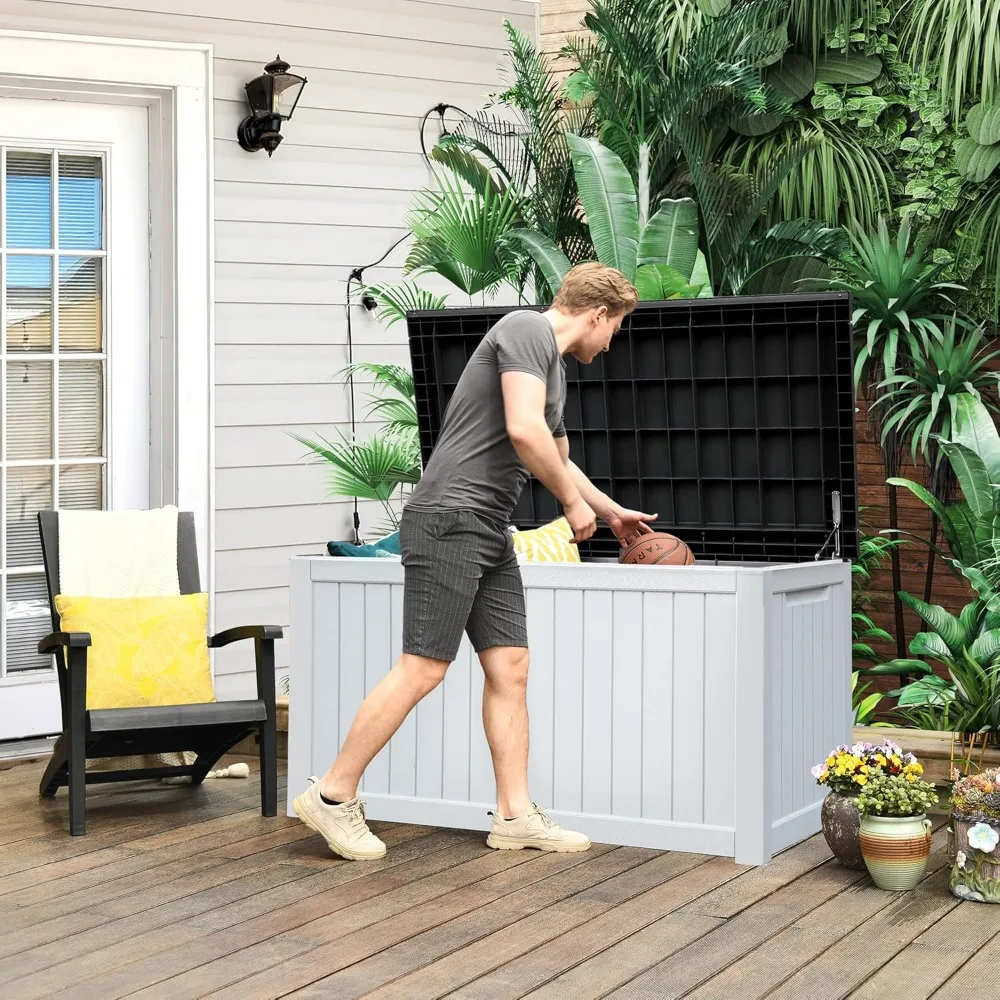 230 Gallon Large Outdoor Storage Box, Black Lid for Patio Furniture, Outdoor Cushions, Garden Tools Grayish-White