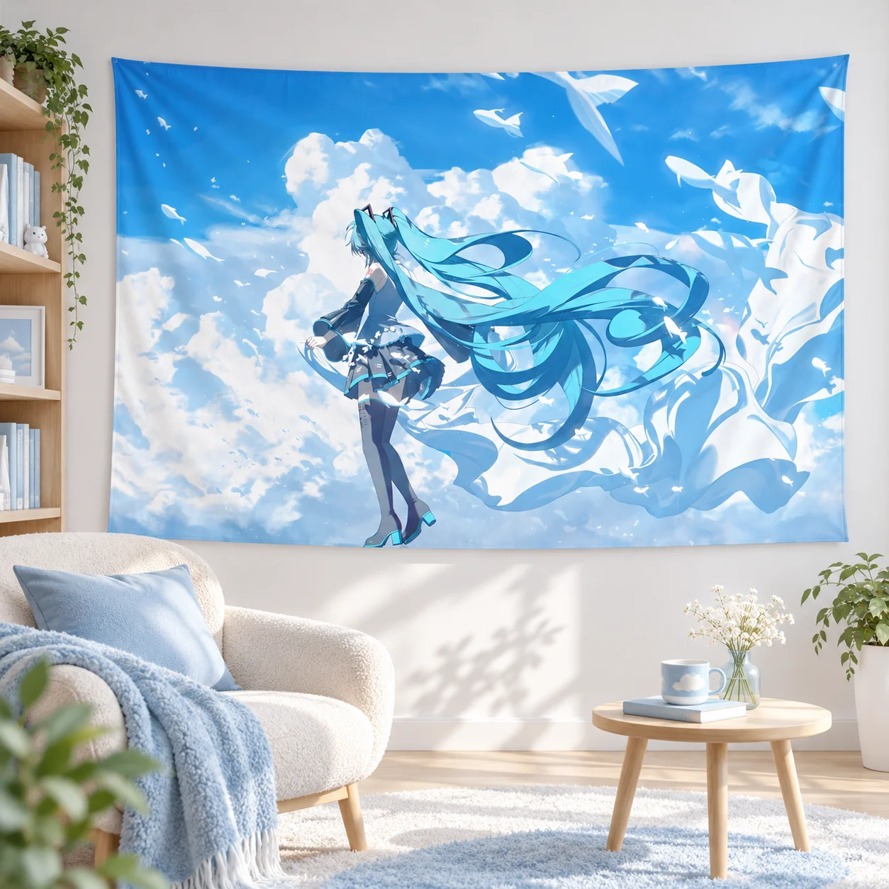 Anime Tapestry Blue Sky Cloud Whale Scene Wall Hanging Aesthetic Bedroom Dorm Room Decor Background Cloth Vocaloid Otaku Home