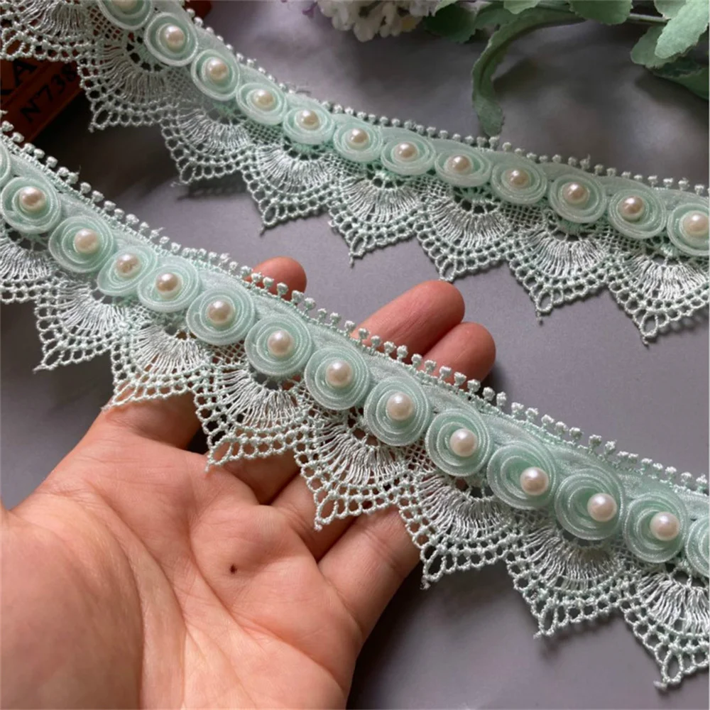 2 Yard Light Green Ribbon Plum Flowers Pearl Lace Trimmings Ribbons Beaded Lace Fabric Embroidered Sewing Wedding Dress Clothes