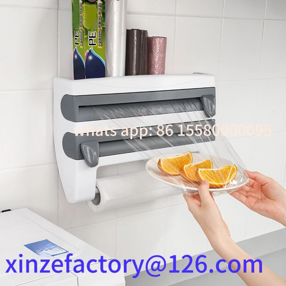 

Customizable wall style kitchen plastic wrap dispenser with cutter