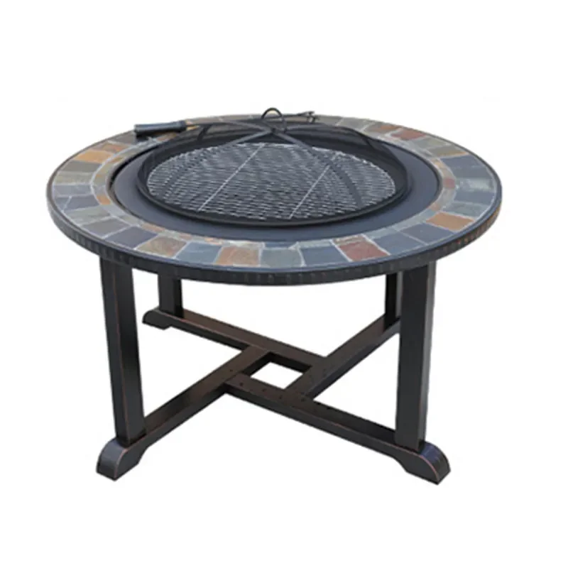 Outdoor Charcoal BBQ Grill Table with Chairs Patio Garden Tile Top Barbecue Station for Backyard Leisure Dining Set