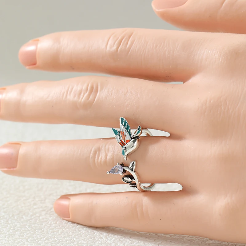 Colored Imitation Enamel Hummingbird Artistic Luxury Open Ring Women's Elegant Delicate Shiny Synthetic Zirconia Banquet Jewelry