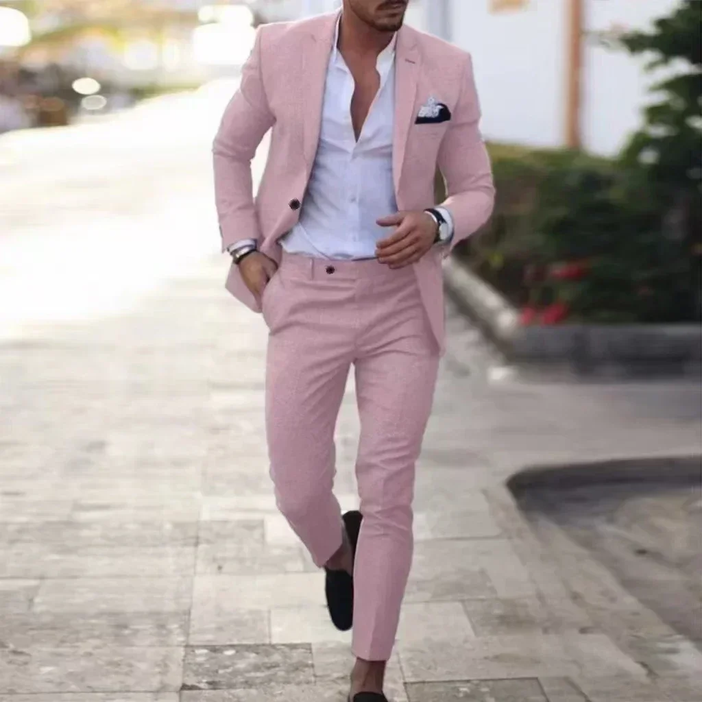 Casual Linen Tuxedo Suits for Men 2 Pieces Blazer and Pants Set Notched Lapel Men\'s Suit for Wedding Summer Beach Prom Party