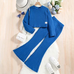 New Spring Autumn Fashion Girls Clothing Set Full Sleeve Stripe Sweatshirt + Wide Leg Pants 2Pcs Suit For 7-12 Years Teen-agers