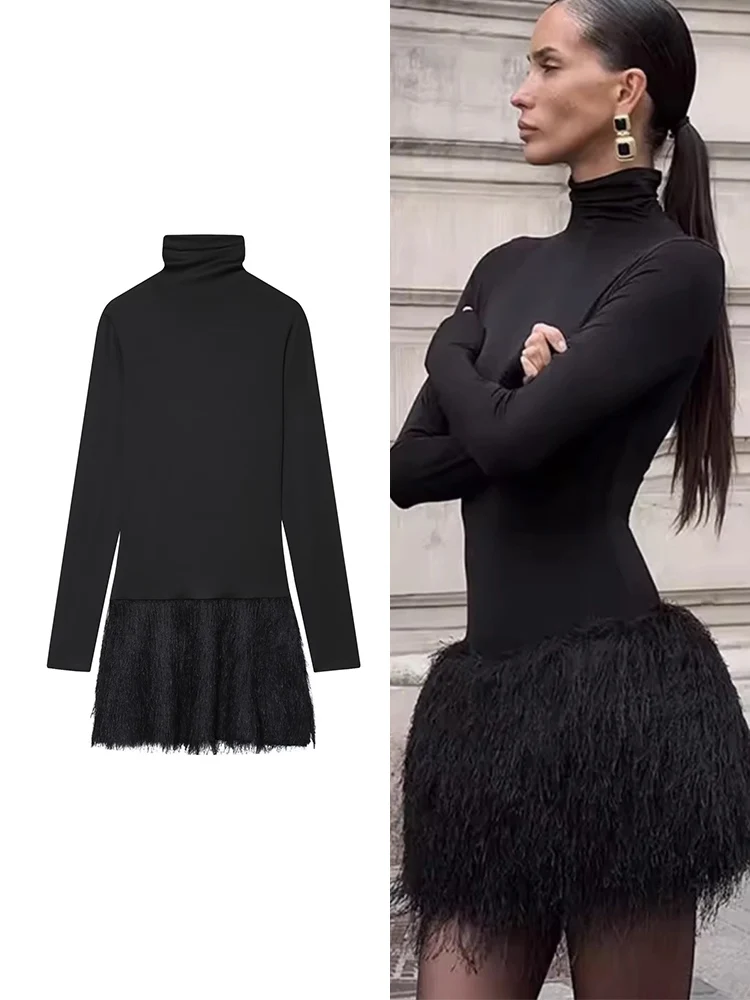 Abito da donna con nappa sottile Abito aderente sexy a maniche lunghe con nappa Decorazione dolcevita da donna per feste chic Mini abito con giunture