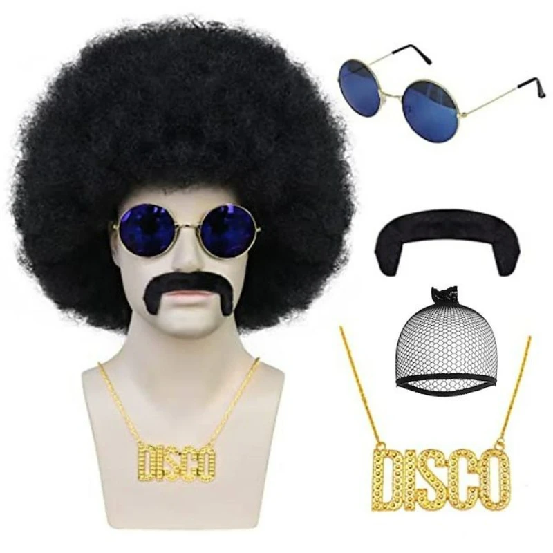Parrucca afro sintetica da uomo africana Parrucca da 4 pezzi + occhiali + collana DISCO + barba Parrucca da discoteca anni '70 e '80 Parrucca da donna Soffici capelli corti