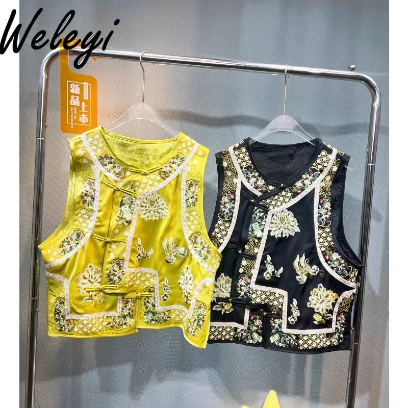 

New Vintage Chinese Women's Embroidery Vest Coat 2024 Autumn New Loose Chic Woman Sleeveless Acetic Acid Tang Suit Vests Top