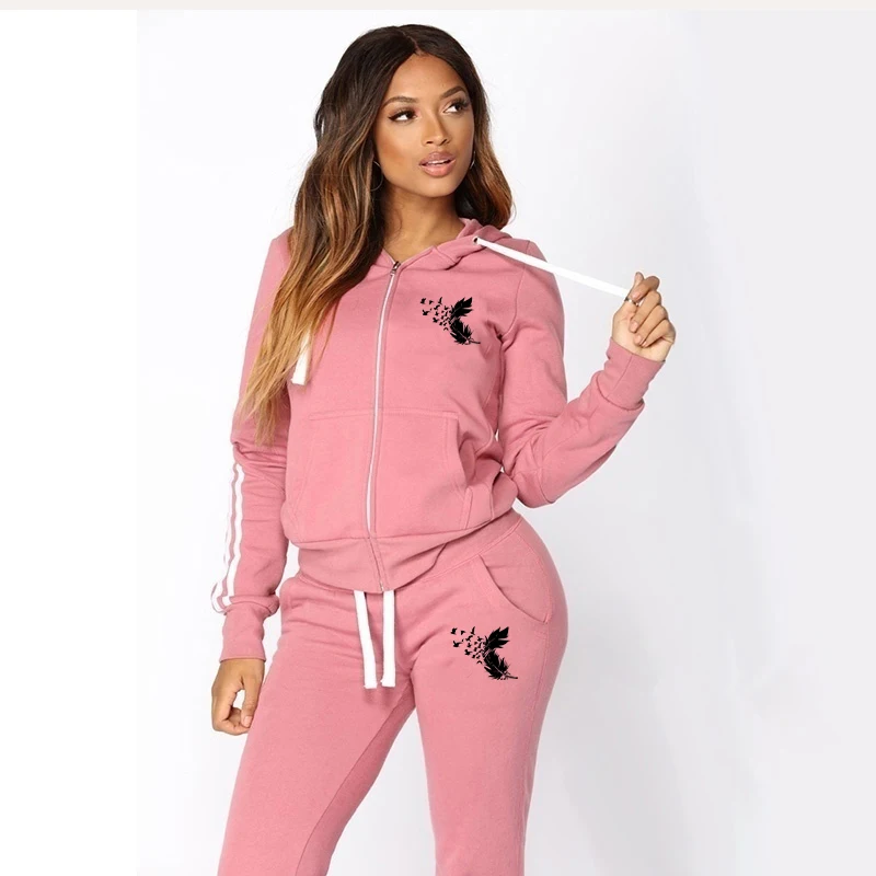 New Women\'s Tracksuit Zipper Cardigan and Pants 2 Pieces Set Printed Fashion Casual Hooded Female Sport Jogging Suits