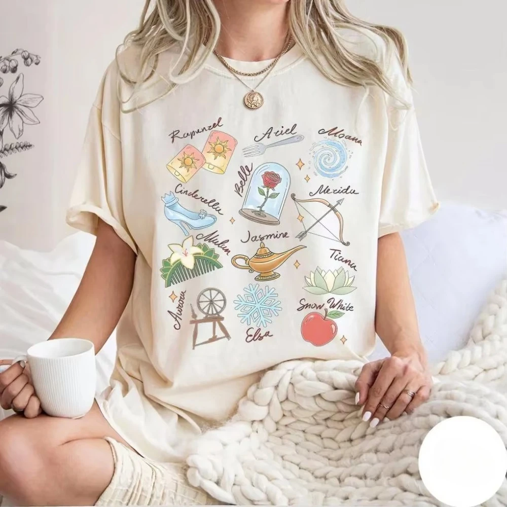 قميص توقيع أميرات ديزني بألوان مائية ديزني أورورا ارييل بيل سندريلا تيانا تي شيرت جميع الأميرة توقيع المرأة تي شيرت #1