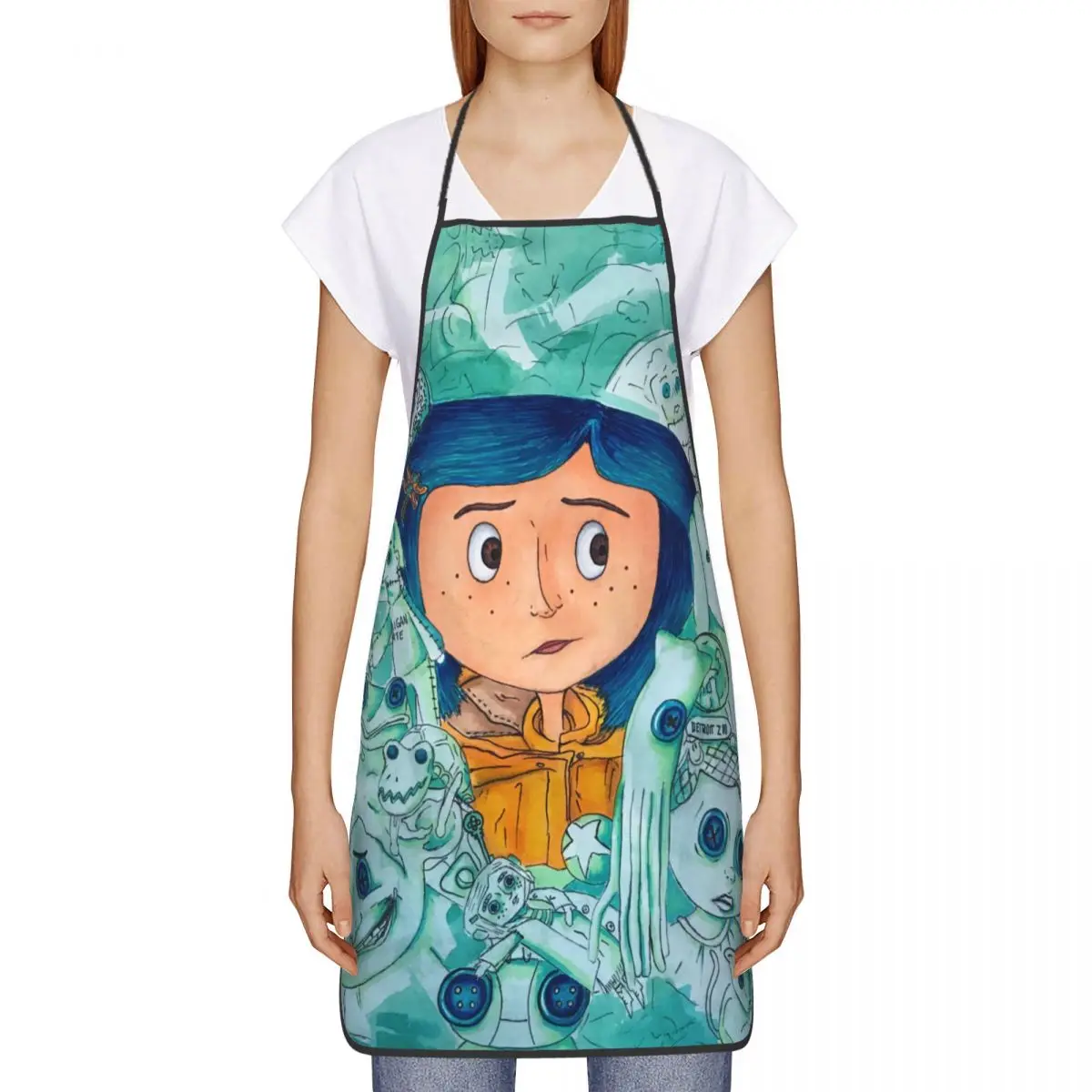 Custom Unisex Horror Halloween Movie Coraline Kitchen Chef Cooking Baking Apron Women Men Tablier Cuisine for Painting