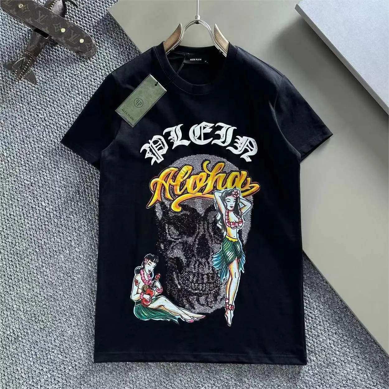 

Alex Plein Skulls Rhinestones Men's Fashion Clothing Couple Streetwear 2023 Summer Round Neck Short Sleeve Cotton Casual Tshirt