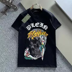 Alex Plein Skulls Rhinestones Men's Fashion Clothing Couple Streetwear 2023 Summer Round Neck Short Sleeve Cotton Casual Tshirt