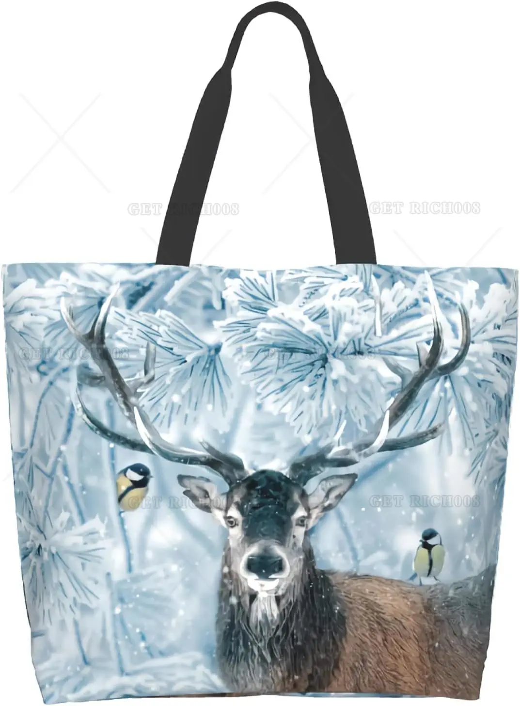 Grandes sacolas de compras ecológicas reutilizáveis, Bolsa de ombro do pinho nevado do cervo do inverno, Bolsa de armazenamento portátil