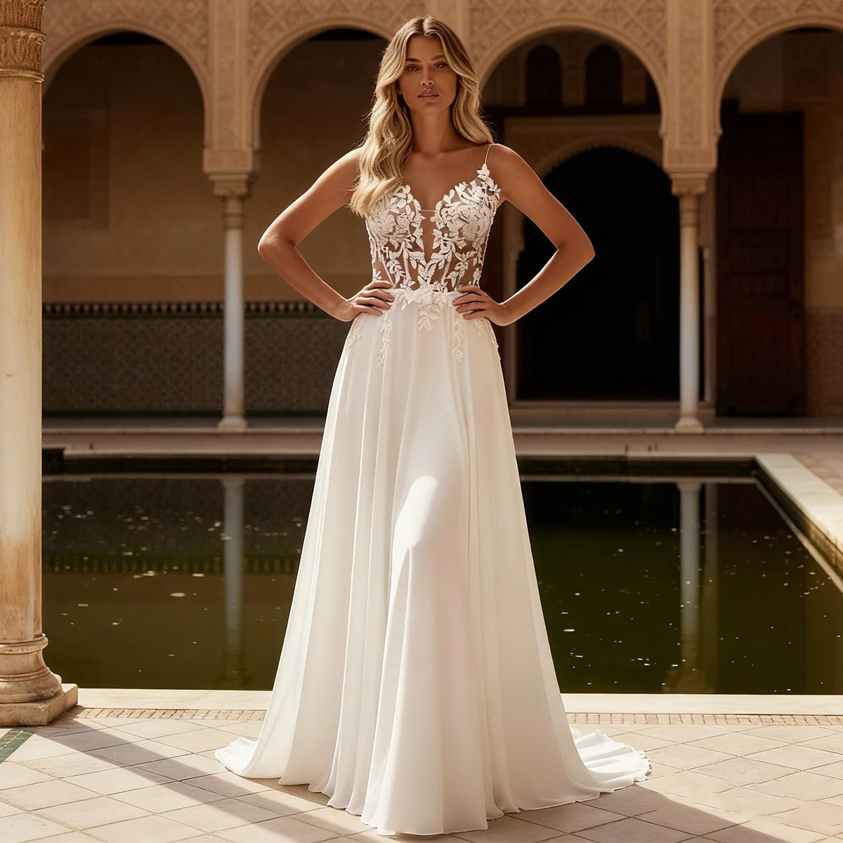 

Luxury Chiffon Lace Wedding Dress For Women Appliques Long Bridal Gown For Bride A Line V Neck Ball Gown Vestidos Novia