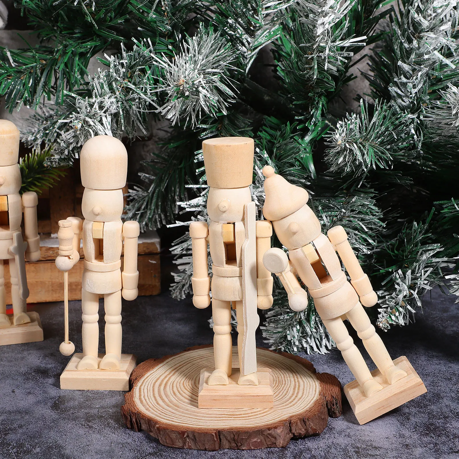 

6Pcs Nutcracker Christmas Decorations Unpainted Wooden Ornaments DIY Creative Desktop Embellishment Stable Base