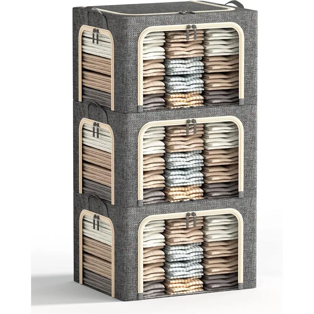 

3 Opeings Large Clothes Storage Bins with Metal Frame, Foldable Storage Bin for Clothes, Clothing Storage Bins with Lid, Linen S