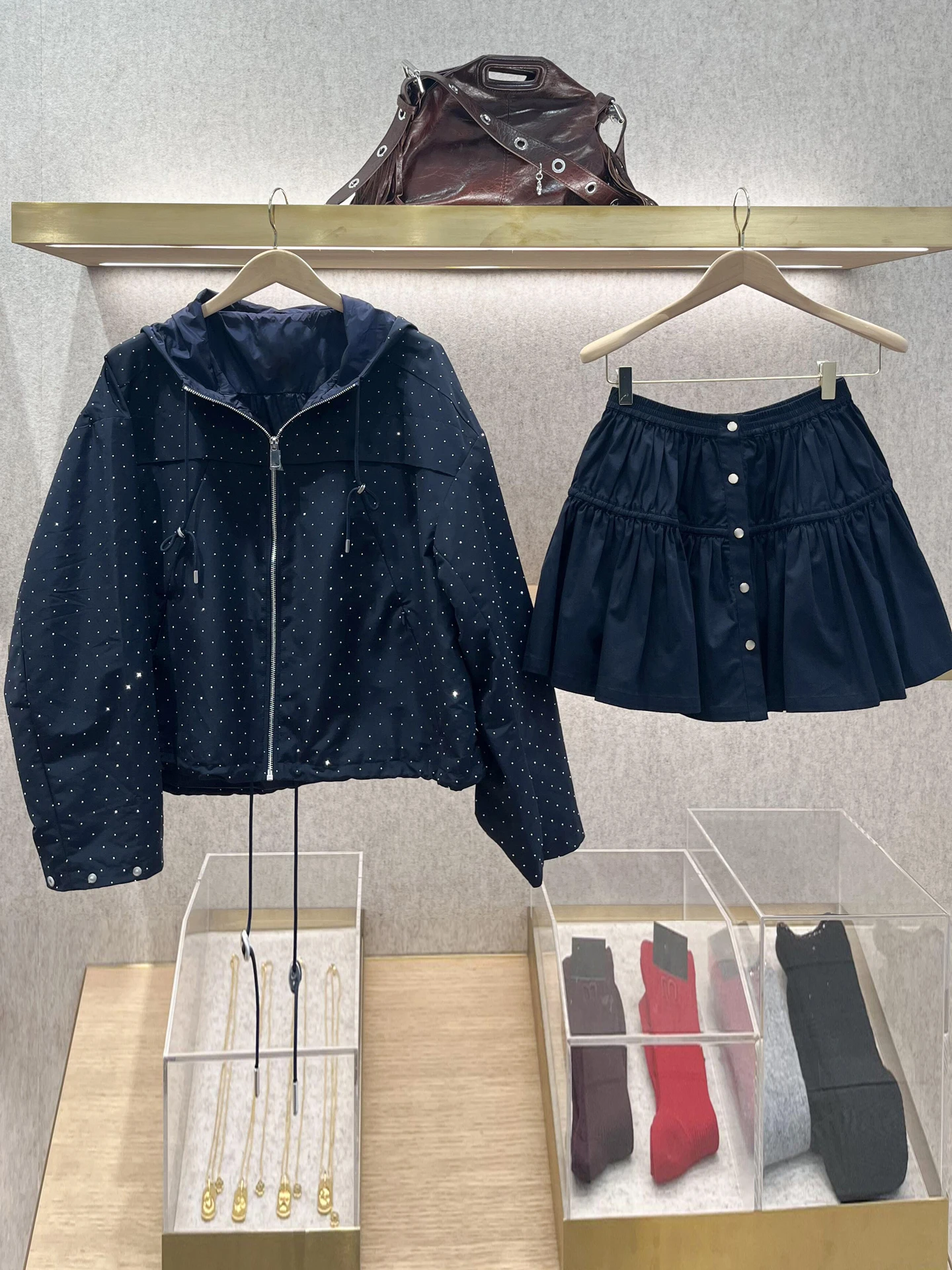 M Home Nan You High End Women's Spring Loose Polka Dot Diamond Embellished Hooded Jacket Outerwear Ladies Commute Style