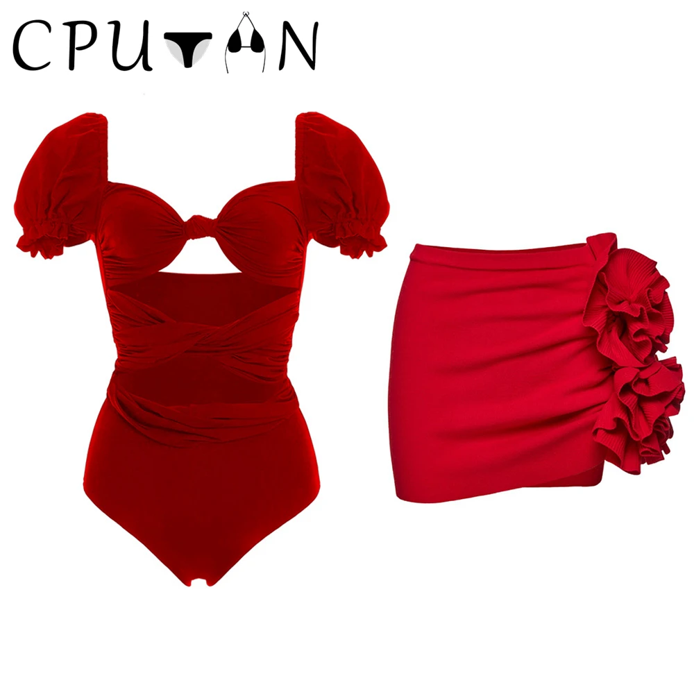 

CPUTAN 2023 New Sexy Push Up Bikini Set Ruffle Swimwear High Waist Swimsuit Skirt Women Brazilian Beachwear Bathing Suit Dress