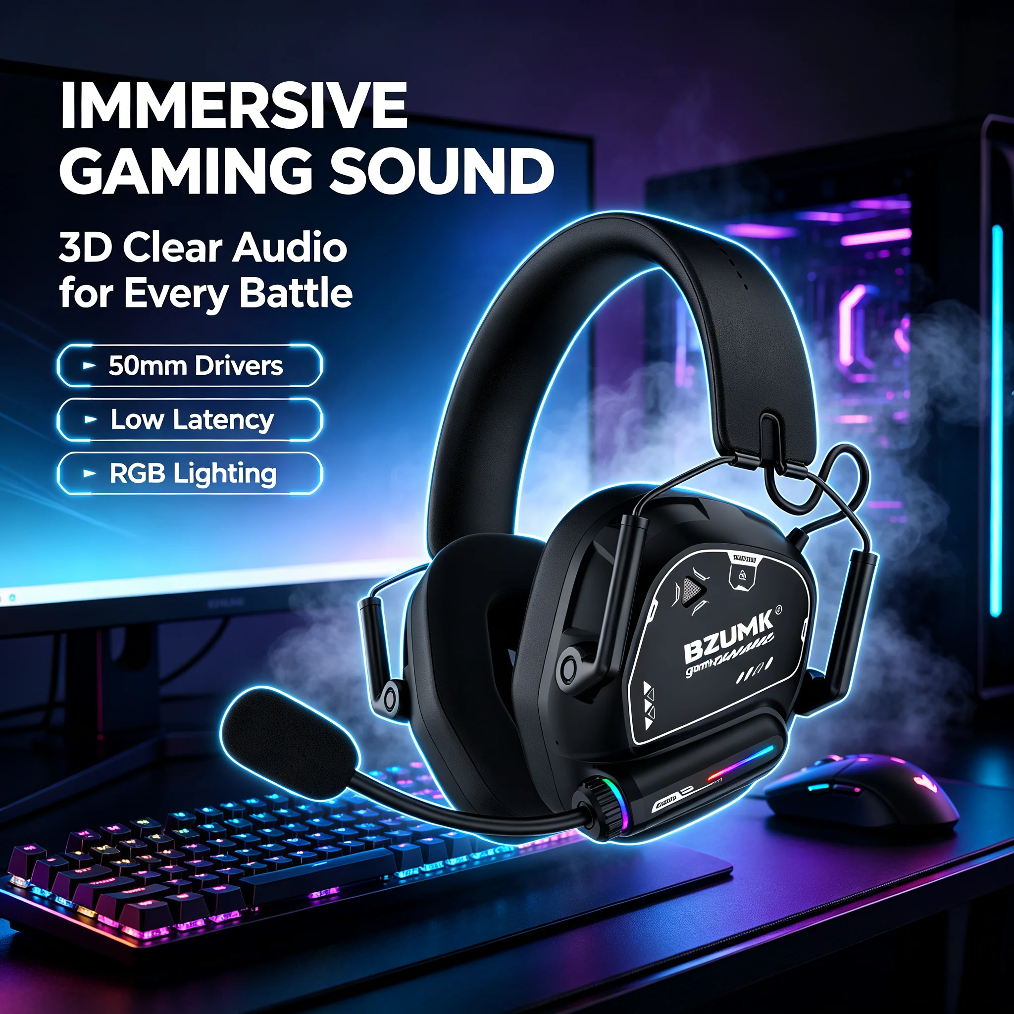 BZUMK Wireless Gaming Headset 50mm RGB Low Latency Bluetooth Over Ear Headphones With Mic Deep Bass PC PS4 PS5 Laptop Gamer