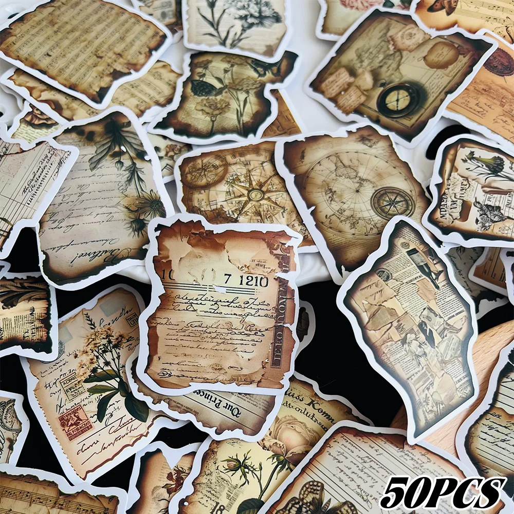 50pcs Set of Vintage Burned-Effect English Stickers: Creative Scrapbook, Journal, Phone Case, Laptop, and Water Cup Decorations