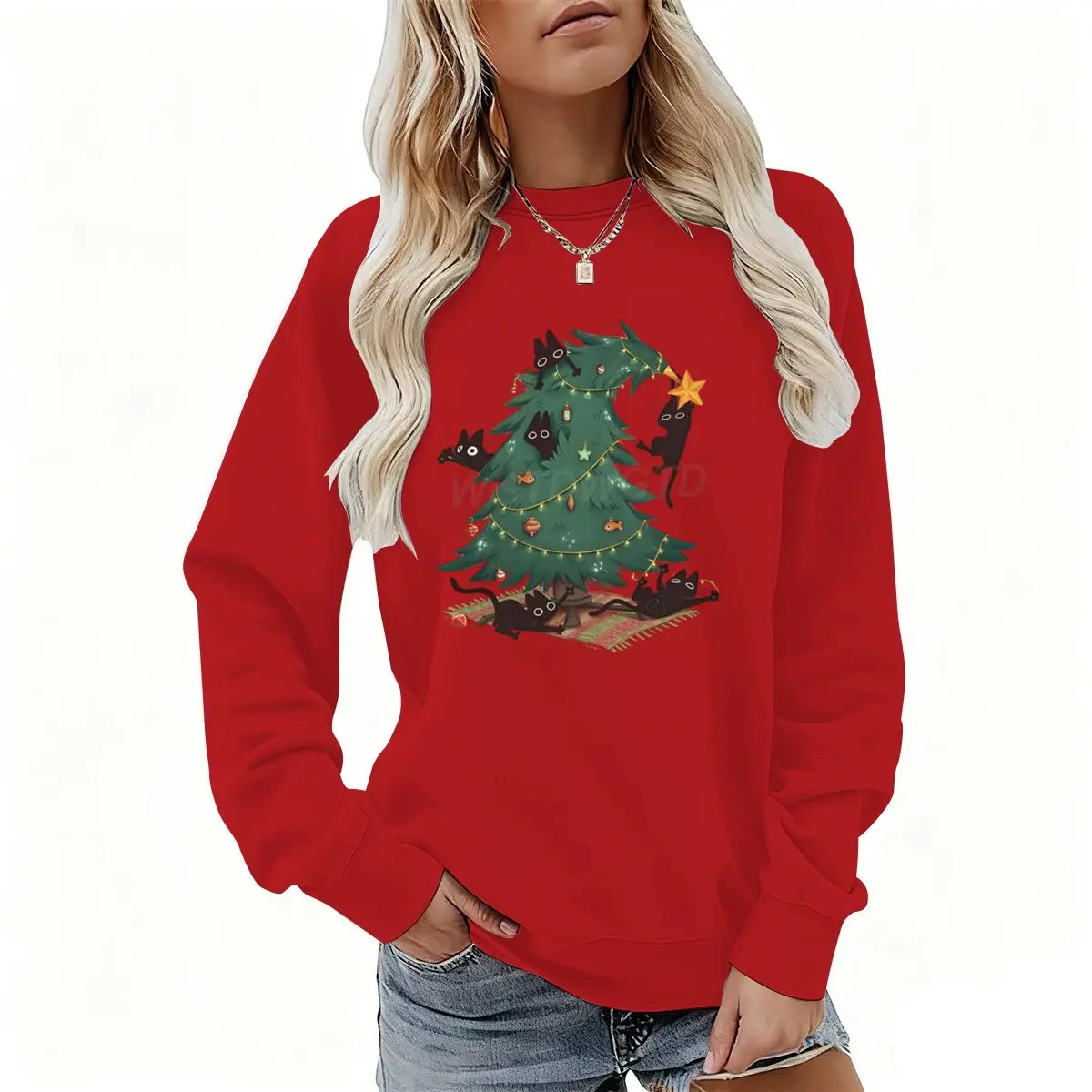 مضحك شجرة القط الأسود طباعة النساء بلوزات عيد ميلاد سعيد حفلة مطابقة الملابس الكرتون الحيوان تصميم عيد الميلاد بلايز عادية