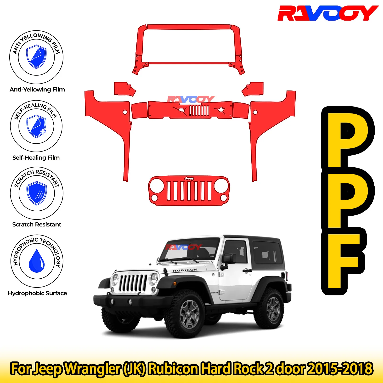 

For Jeep Wrangler (JK) Rubicon Hard Rock 2 door 2015-2018 Glossy Matte Black Precut front PPF Kit Paint Protection Film