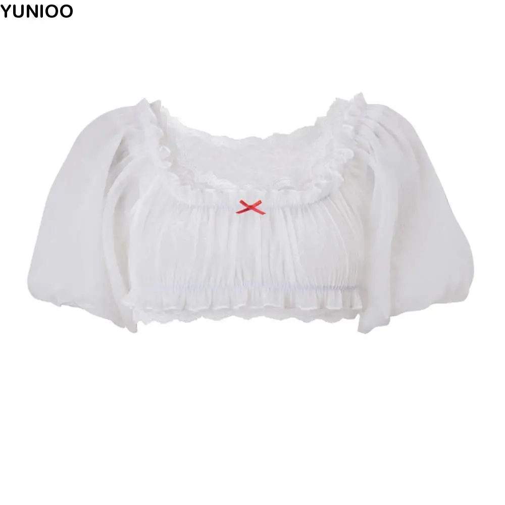 

Thin Ruffle Lace T-shirt Lantern Short Sleeve Pullover Short Sleeve T-shirt Chic Slim Fit Bowk Y2K Crop Top Beach