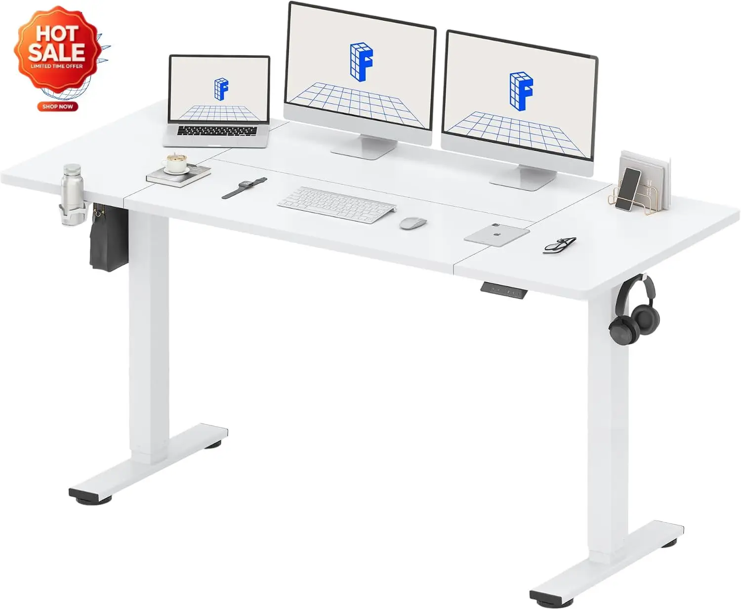 71x32 Inch Electric Standing Desk, White | Large Workspace, Cable Management & Organizer, Cup Holder & Hook, Home Office, Multi-