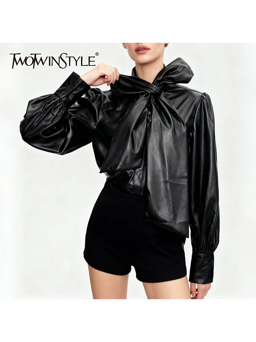 

TWOTWINSTYLE Fashion Spliced Bowknot Leather Shirts for Women Stand Neck Long Sleeves Patchwork Shirring Minimalist Shirt Female