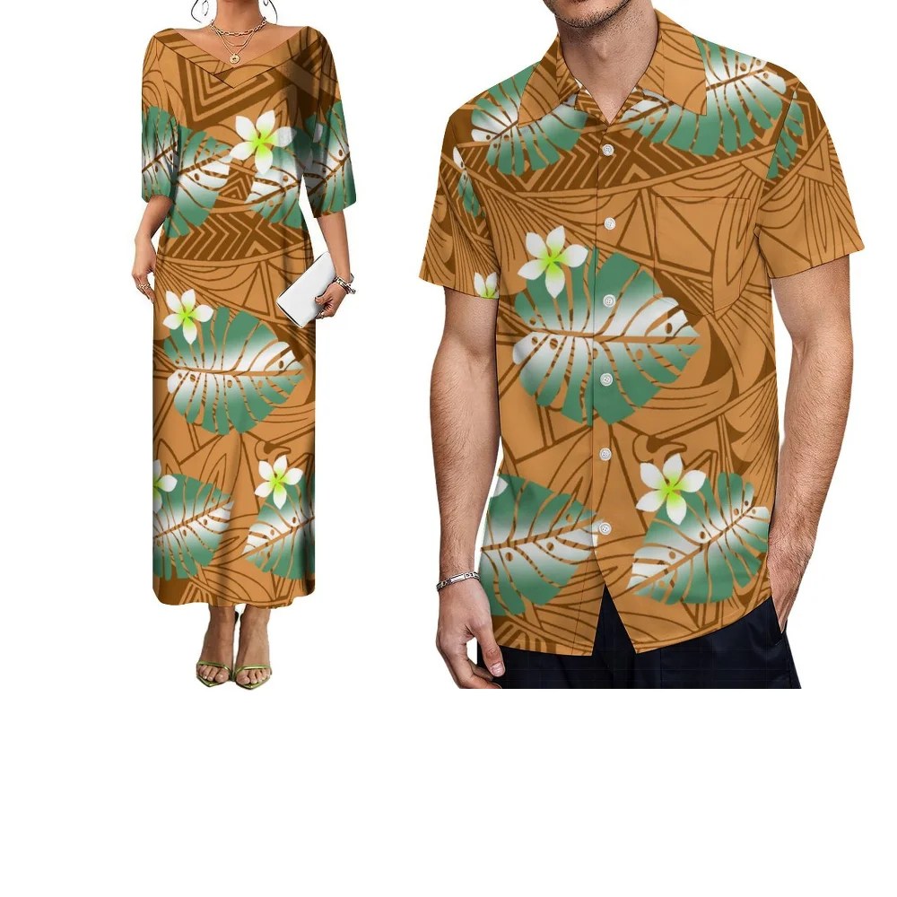 Polinezyjskie letnie stroje dla par z krótkim rękawem szyte na miarę, modne sukienki damskie i koszule męskie w stylu retro
