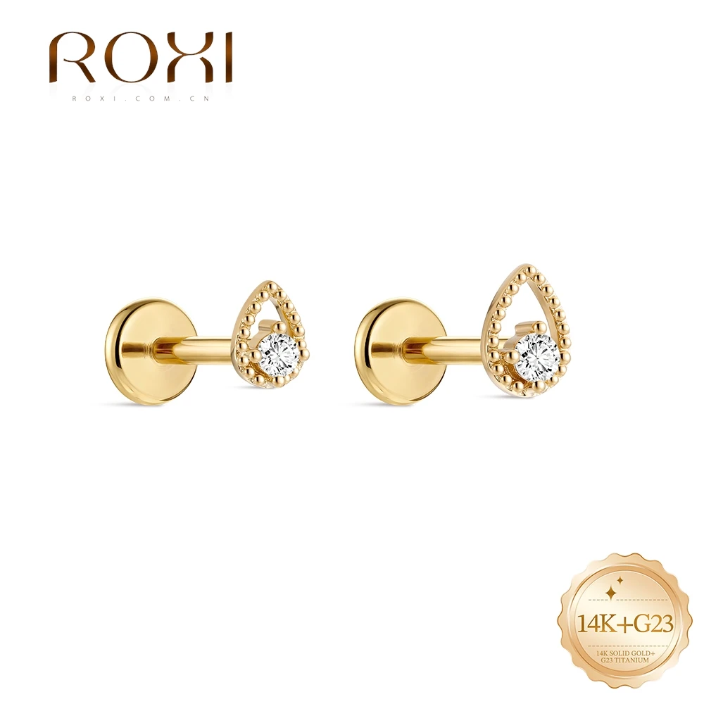 ROXI 1PC 14K Solid Gold Classic Minimalist Hollow Teardrop CZ Flat Top Piercing Cartilage Stud Hypoallergenic Women Ear Jewelry