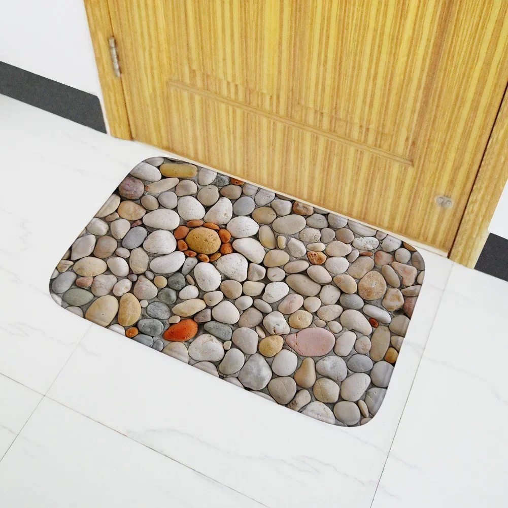 Welcome Doormat 3D Cobblestone Printed Home Entrance Door Mat Soft Anti-Slip Bedroom Area Rug Flannel Living Room Carpet