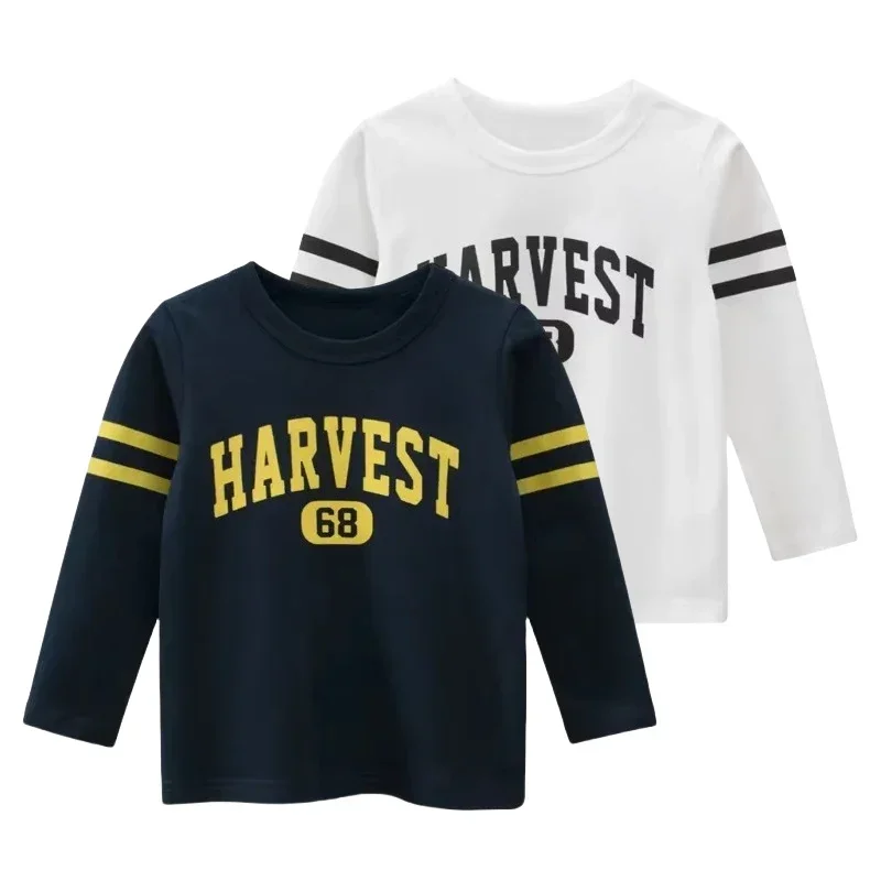 New 2025 Autumn Letters T Shirt Boys Long Sleeve Children's T-Shirt Kids Striped Cotton Tops Tee Shirts 2-9Y Dropshipping