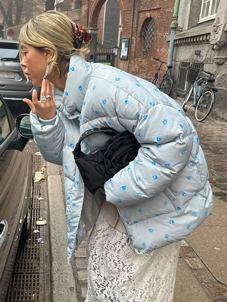 Women's New Warm Jackets Stand Collar Print Hooded Cotton Jacket Woman Detachable Hat Loose Long Sleeve Casual Coats Versatile