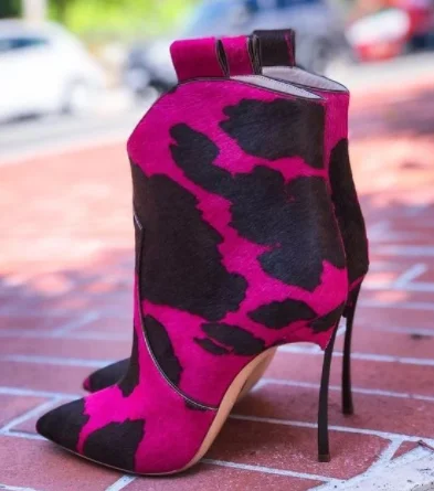 

Women Sexy Mid-calf Fuchsia Leopard Boots Lady Pointed Toe Stiletto High Heel Boots Autumn Fashion Show Shoes