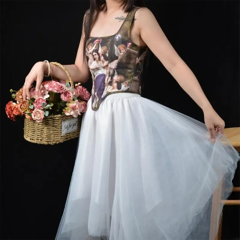 Retro Oil Painting Pattern Bustier Back Tied Closure Soft Corset Band Top For Special Occasion Halloween Party