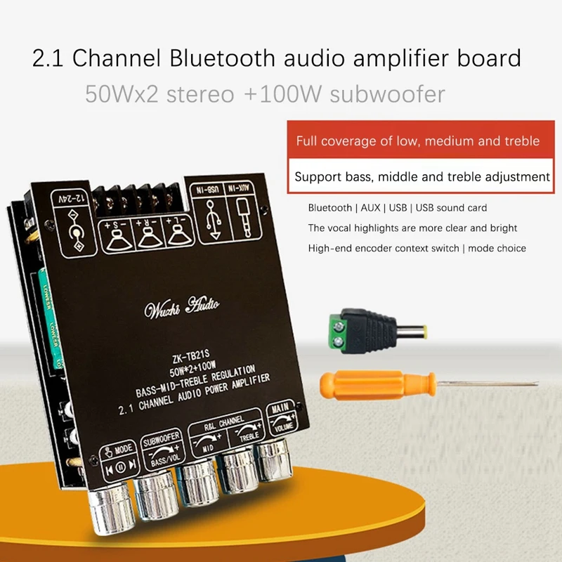 

ZK-TB21S Amplifier Board TPA3116D2 Bluetooth 5.1 Subwoofer Amplifier Board 50WX2+100W 2.1 Channel Power Amplifier Module