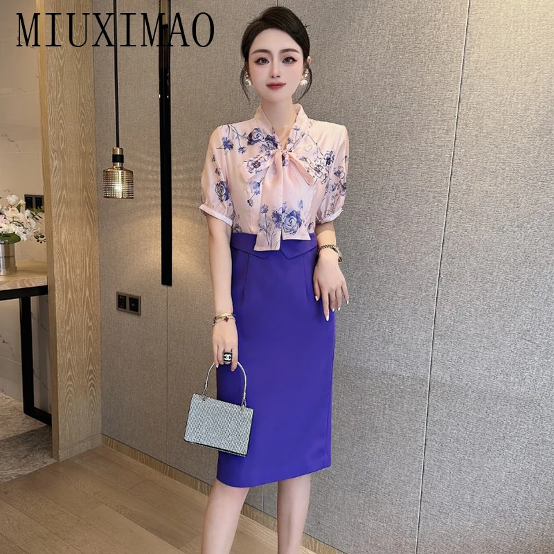 

MIUXIMAO 2023 High Quality Spring&Summer Elegant Dress Short Sleeve Bow Print Packwork Fashion Knee length Dress Women Vestide