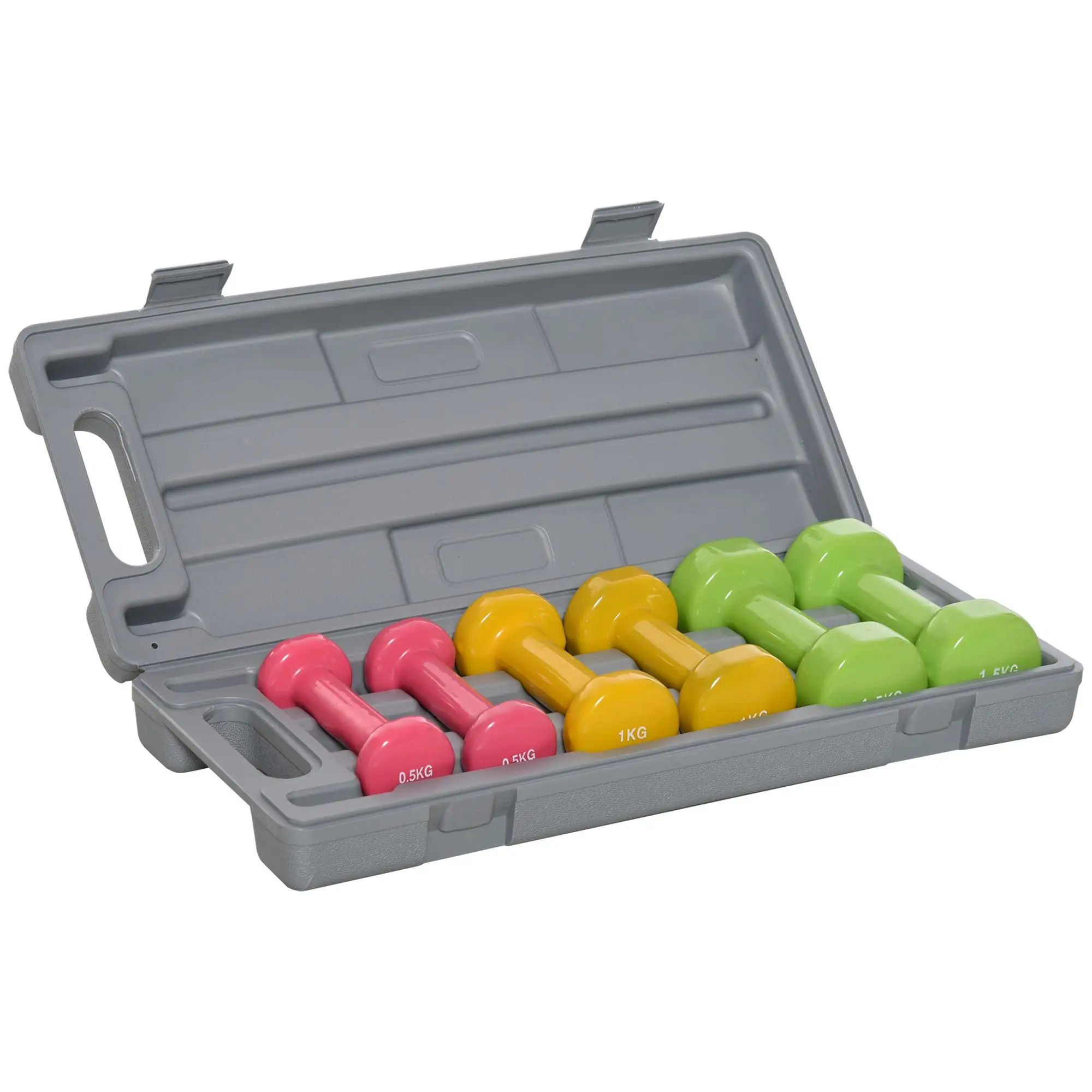 Ensemble d'haltères hexagonales courtes 6 kg avec revêtement PU coloré et étui 2x0,5/1/1,5 kg