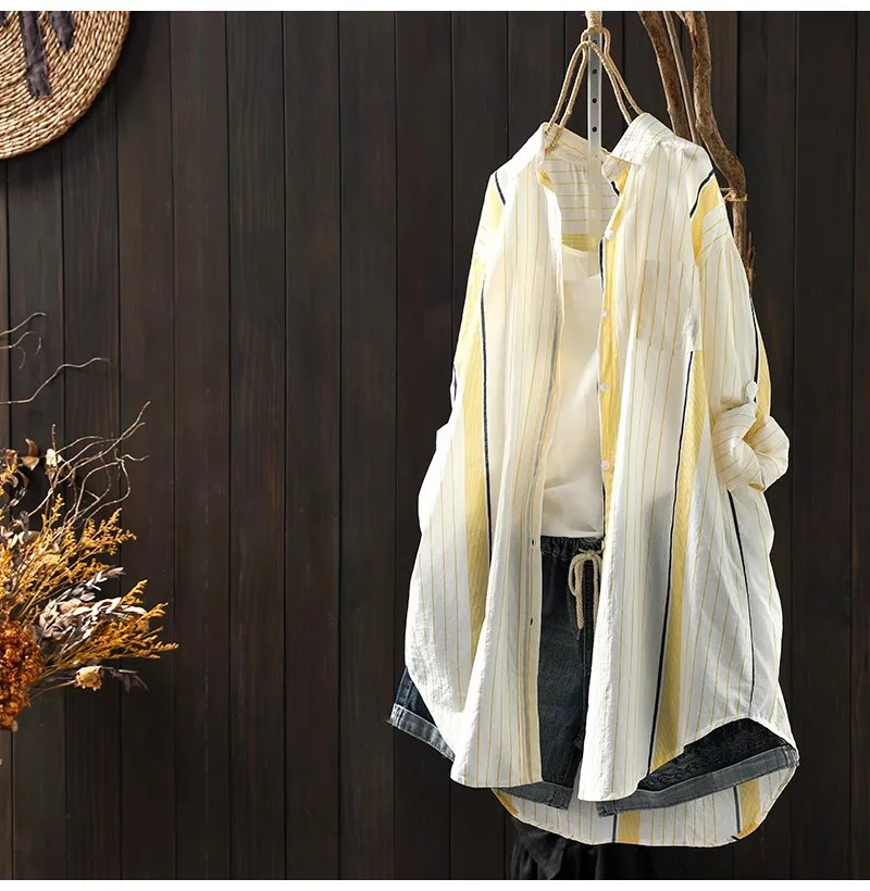 

2025 Mori girl summer Japan style blue yellow pink Mid-length shirt striped shirts and blouses for women casual long sleeve tops