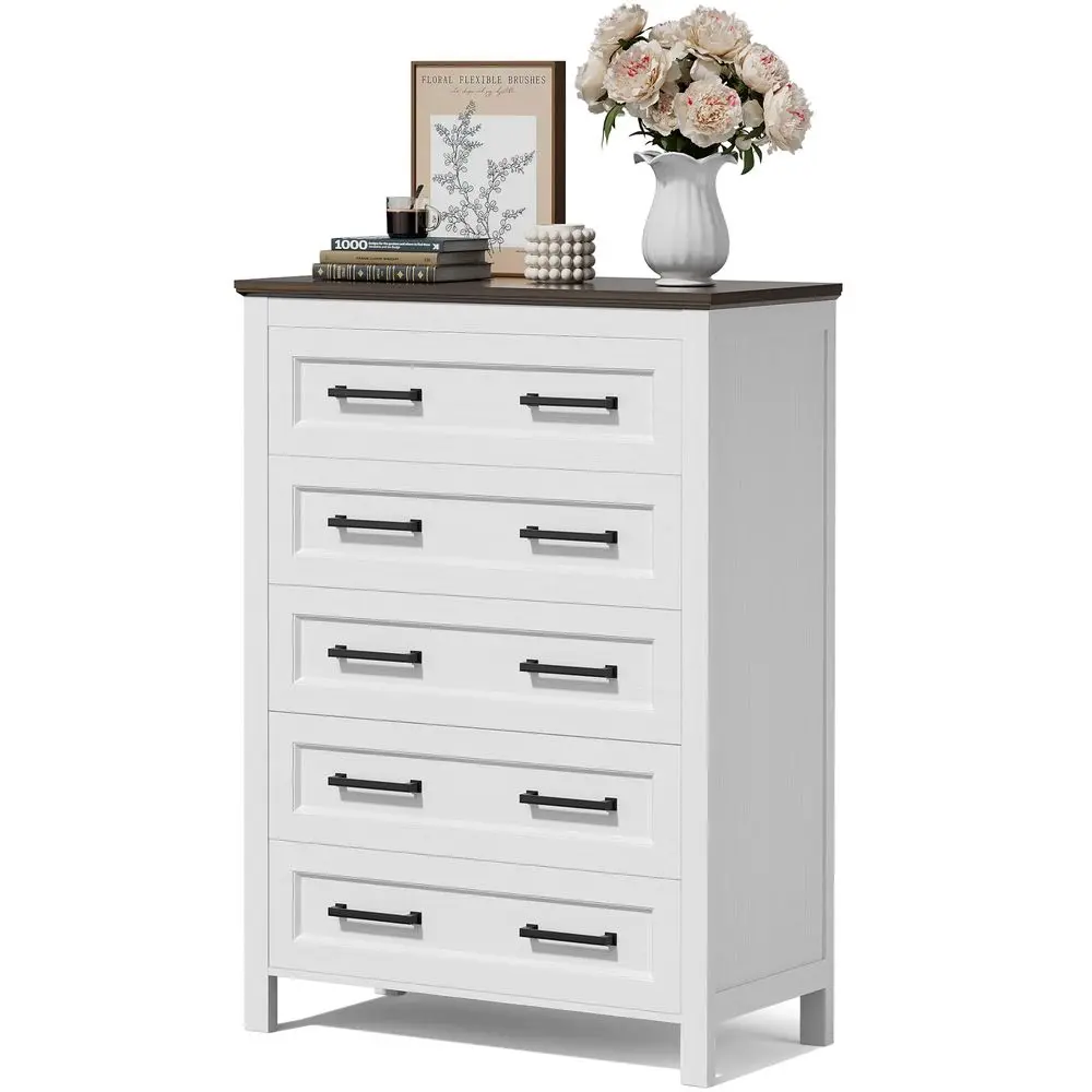 White Dresser Tall for Bedroom,Wooden 5 Drawer Dresser for Nursery,Chest of Drawers for Bedroom, Closet Storage Organizer for Li