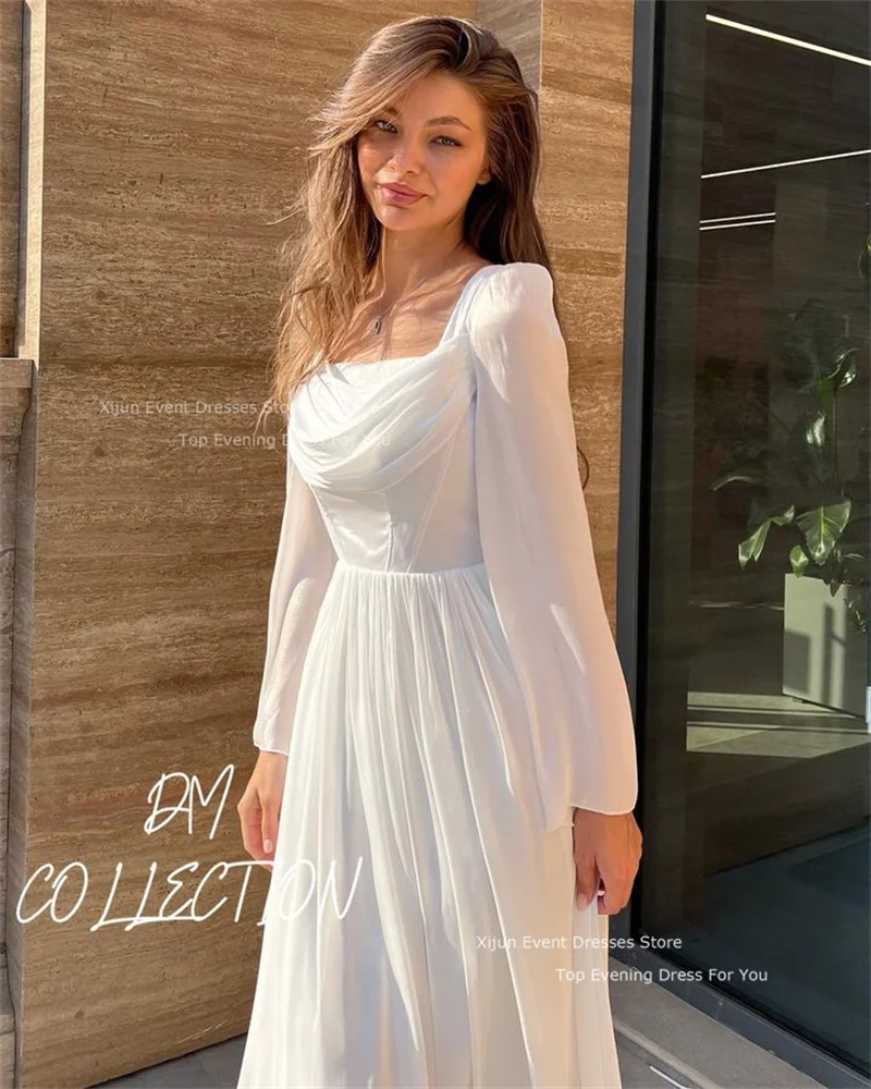 Xijun White Short Prom Dresses Ankle Length Square Collar Evening Dresses A-Line Formal Prom Gowns Full Sleeves 2023 Party Gowns