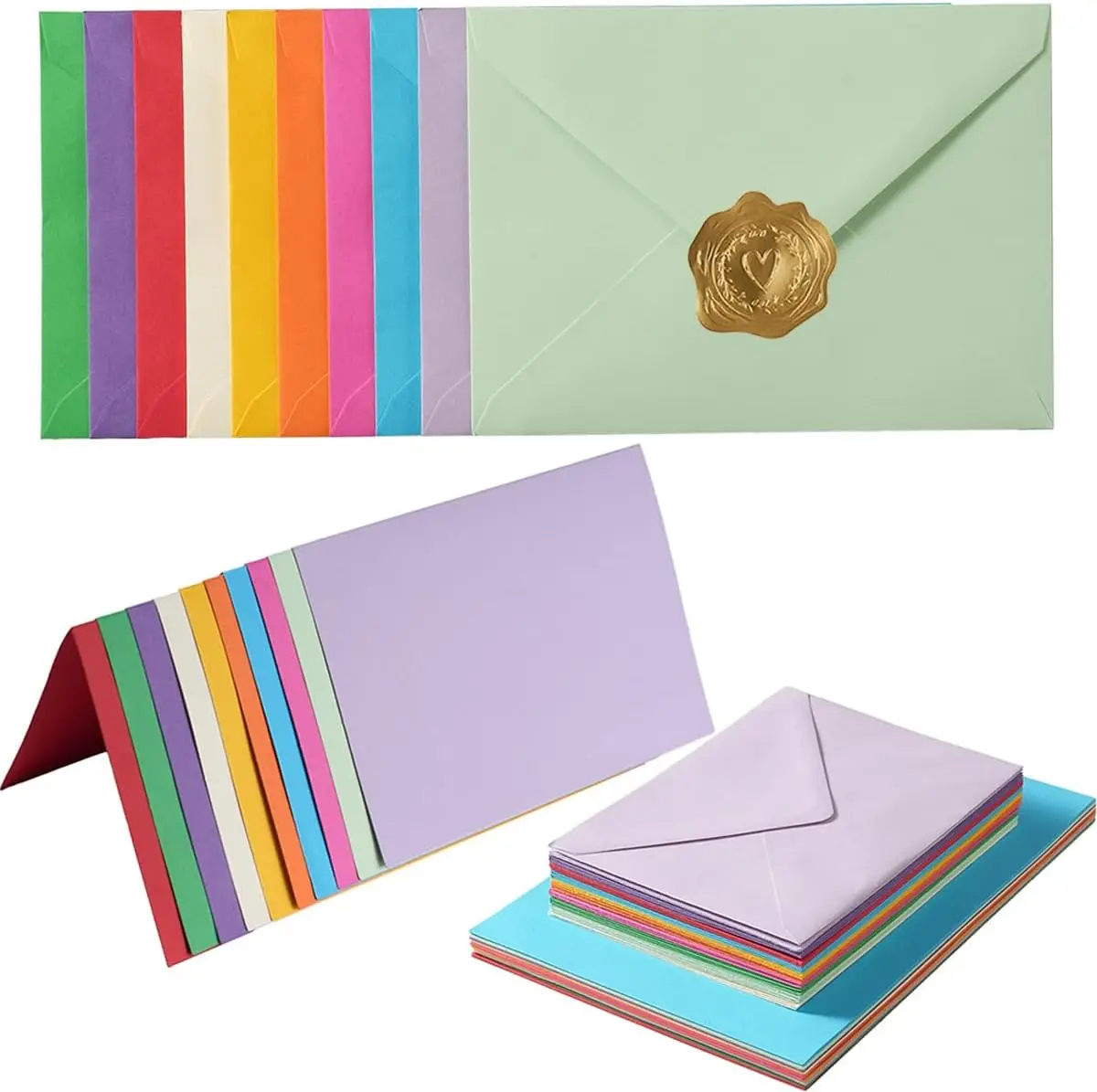 

50 Pack A7 Colorful Envelopes with 5x7 Blank Heavy Colored Cardstock and Gold Stickers for Greeting Cards, Wedding, Birthday