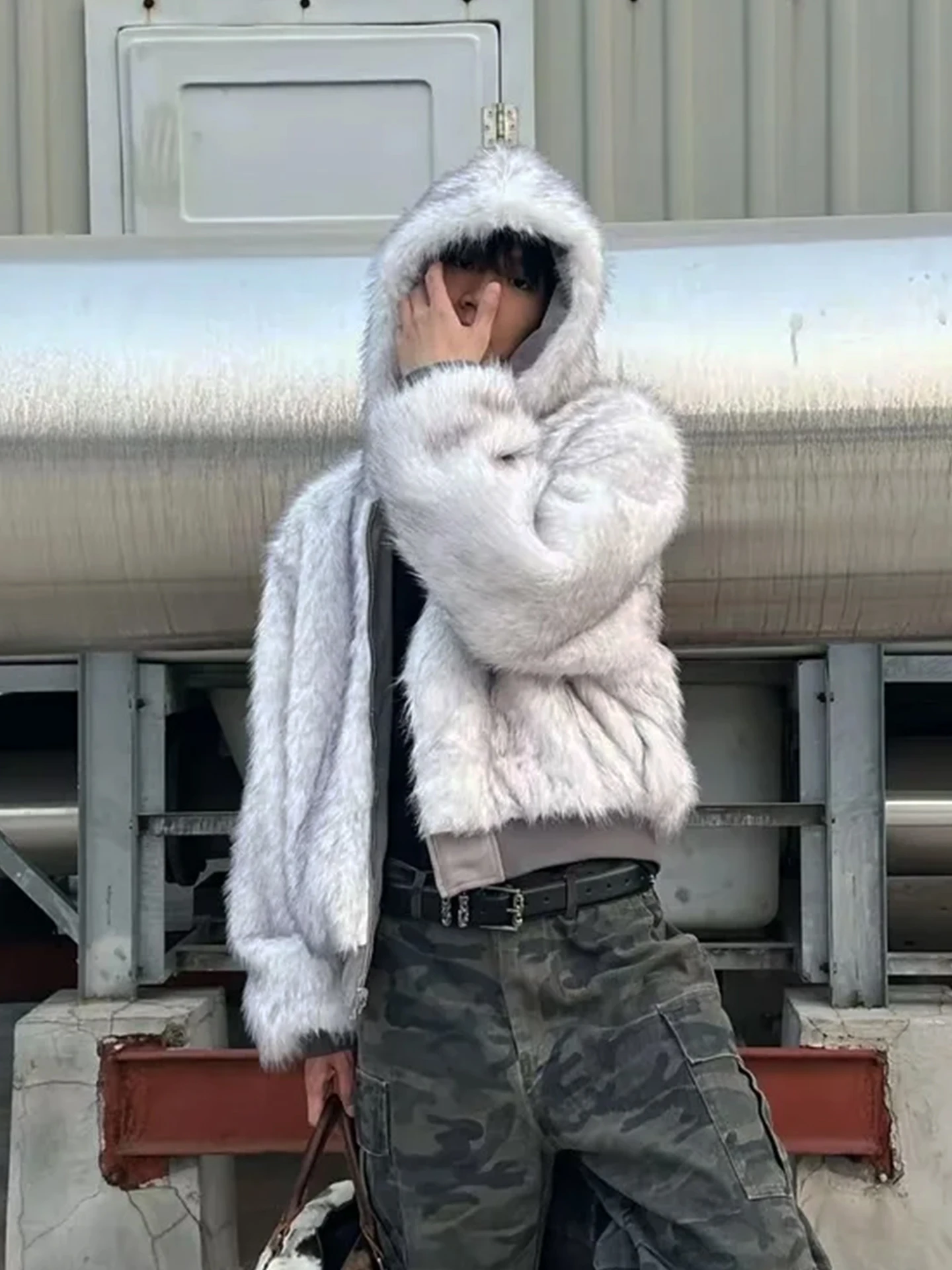 

Men's Double-Sided Wear Suede Cotton Jaet Thiened Loose Fit Retro American Sle Winter Coat Warm Casual Hooded Zipper