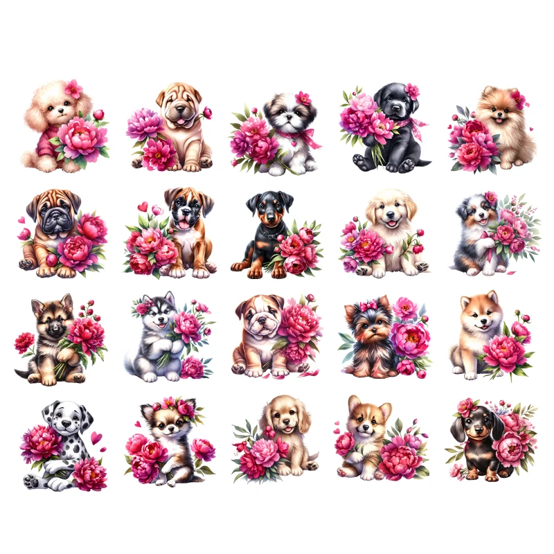 

Cute Puppy Animal peony Iron On Patch DTF Heat Transfer Printing On Children's clothing Iron on transfer patches for clothing