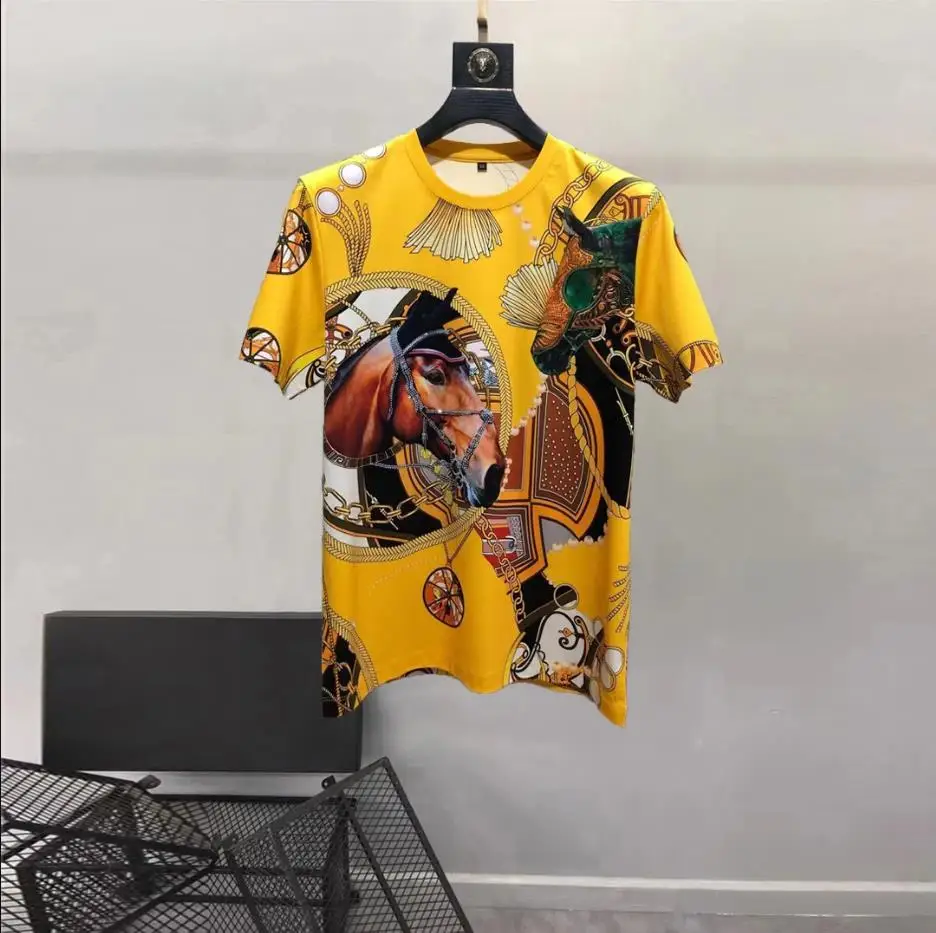 European and American men's wear summer 2022 new Short sleeve round collar imperial animal hot diamond print Fashion T-shirt