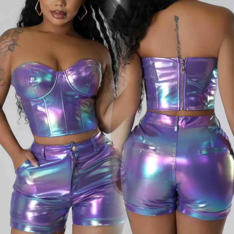 Echoine Metallic  Purple Zipper Strapless Corset Crop Top and Shorts Two Piece Set PU Leather Skinny Bodycon Sexy Outfits